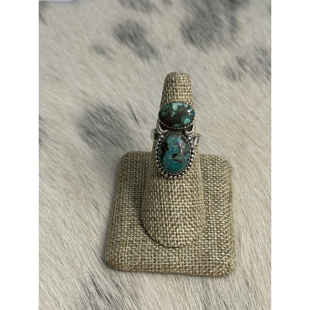 Sterling Silver Blue Hubei Turquoise Double Stone Adjustable Ring Sawtooth 925 - Picture 11 of 14